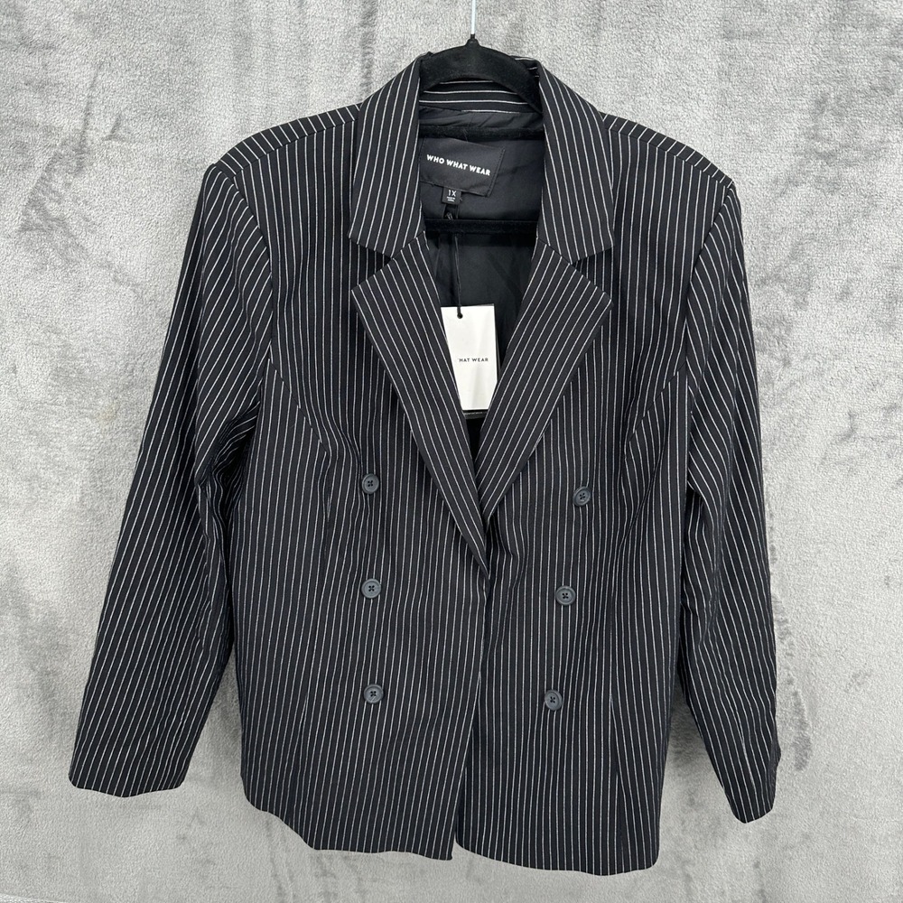 Who What Wear Blazer Women 1X Black Pinstripe NEW Double Breasted Preppy Career